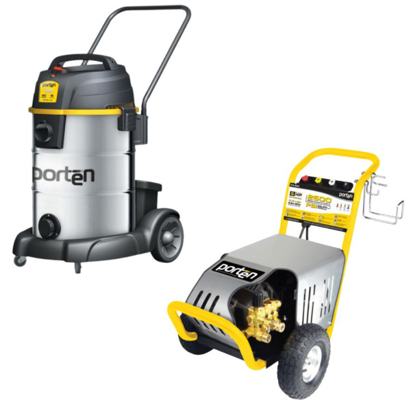 COMBO POTENTE: HIDROLAVADORA 5HP 2600PSI + ASPIRADORA 1200W 16 GL PORTEN