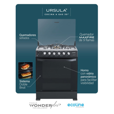COCINA A GAS ECOLINE ÚRSULA 30" NEGRO MATE 5 QUEMADORES | DISEÑO PREMIUM Y ALTO RENDIMIENTO