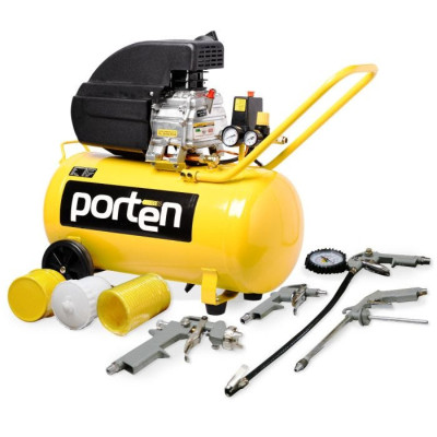COMPRESOR DE AIRE 2.5 HP 50 LITROS CON KIT DE 5 ACCESORIOS PORTEN | ALTA POTENCIA