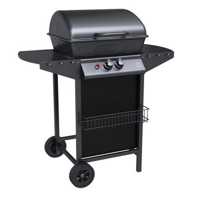 BBQ A GAS MASTERMAID 2 QUEMADORES NEGRO CON MESAS LATERALES Y RUEDAS