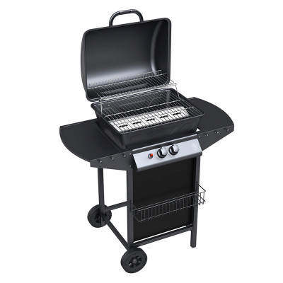 BBQ A GAS MASTERMAID 2 QUEMADORES NEGRO CON MESAS LATERALES Y RUEDAS