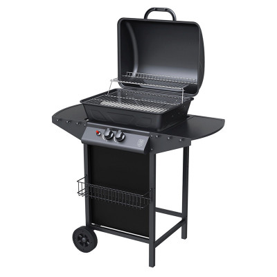 BBQ A GAS MASTERMAID 2 QUEMADORES NEGRO CON MESAS LATERALES Y RUEDAS