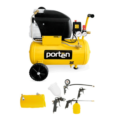 COMPRESOR DE AIRE PORTEN 2 HP 24 LITROS 3.2 CFM 110V CON KIT DE ACCESORIOS 5 PIEZAS